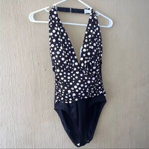 La Blanca By Rod Beattie V-Neck-Line Swimsuit Black 10 Polka Dots Swim One Piece